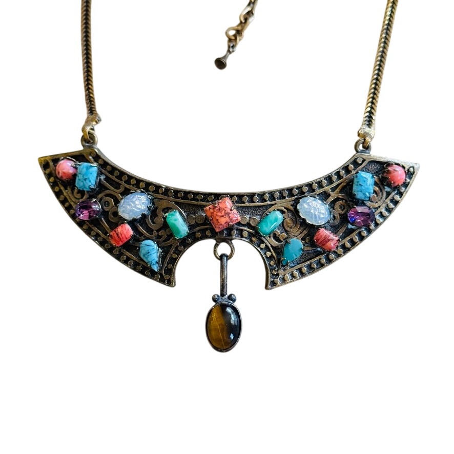 Vtg Byzantine Etched Necklace Jeweled Opalescent Glass Cabochon Regency 17 50s